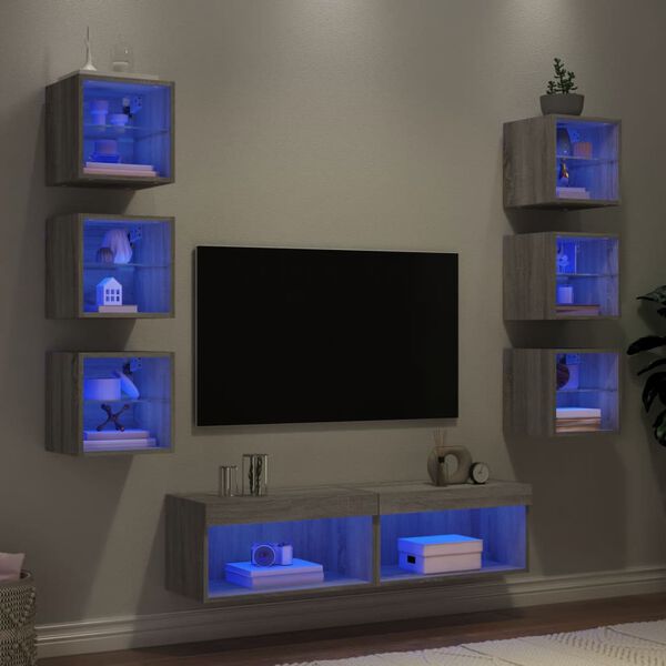 vidaXL Muebles TV pared con LED 8 pzas madera ingeniería gris Sonoma