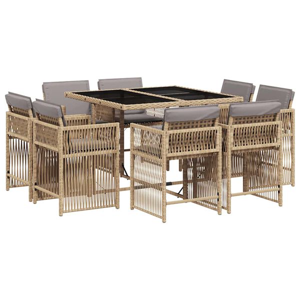vidaXL Set comedor de jard&iacute;n 9 pzas con cojines rat&aacute;n sint&eacute;tico beige