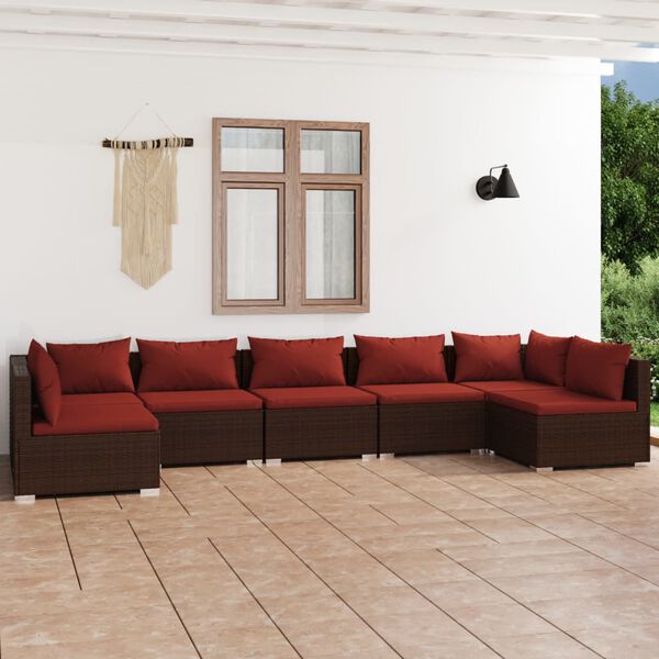 vidaXL Set muebles de jard&iacute;n 7 piezas y cojines rat&aacute;n sint&eacute;tico marr&oacute;n