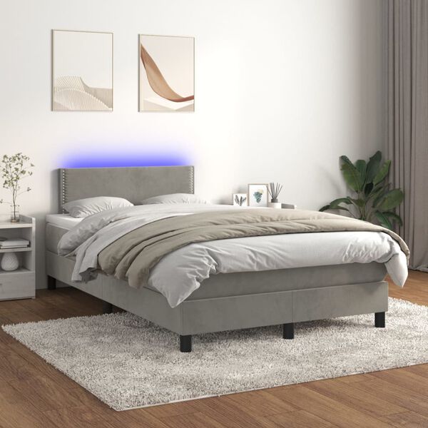 vidaXL Cama box spring colch&oacute;n y LED terciopelo gris claro 120x200 cm