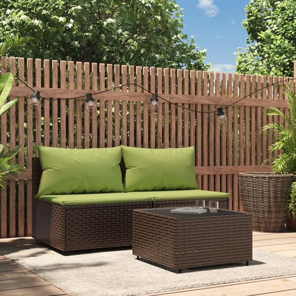 vidaXL Set muebles de jard&iacute;n 3 piezas y cojines rat&aacute;n sint&eacute;tico marr&oacute;n