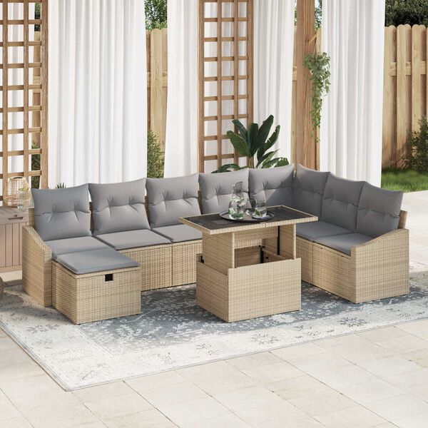 vidaXL Conjunto de sof&aacute; de jard&iacute;n con coj&iacute;n 9 pcs Beige Polirat&aacute;n