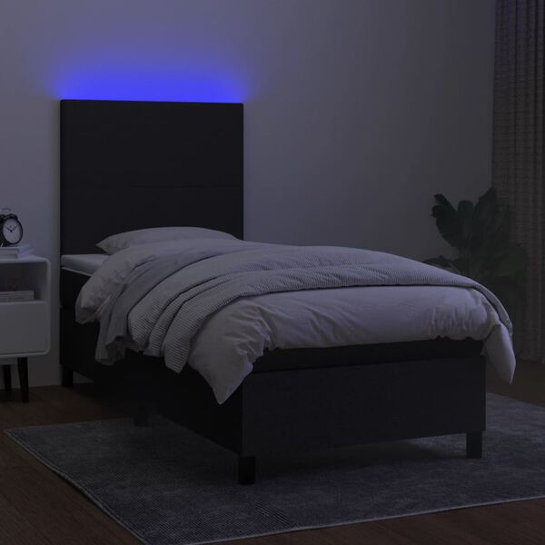 vidaXL Cama box spring colch&oacute;n y luces LED tela negro 90x200 cm