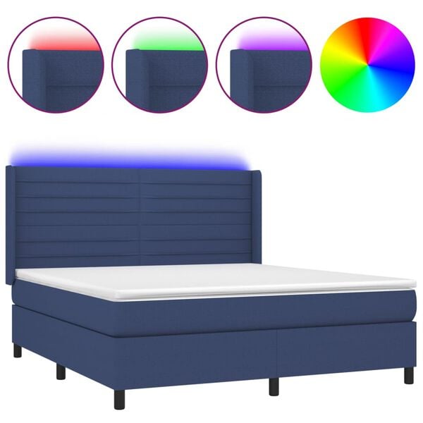 vidaXL Cama box spring colch&oacute;n y luces LED tela azul 180x200 cm