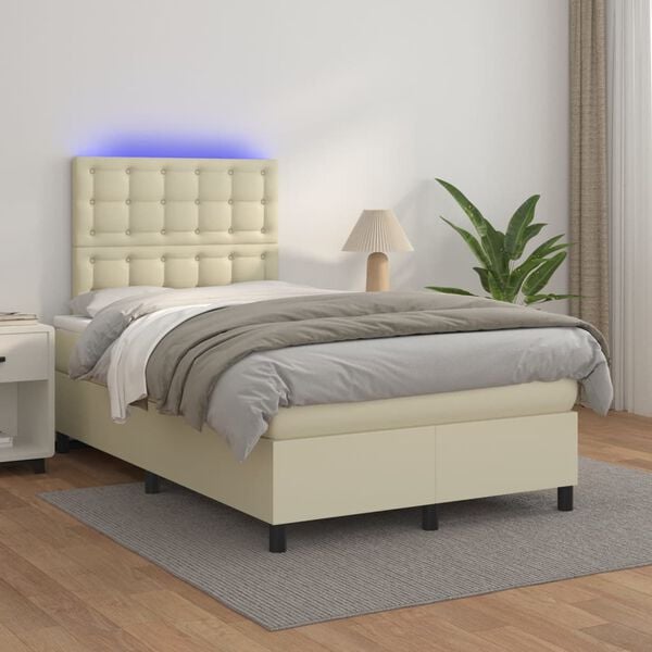 vidaXL Cama box spring colch&oacute;n y LED cuero sint&eacute;tico crema 120x200 cm