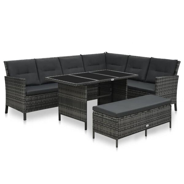 vidaXL Set de muebles de jard&iacute;n 3 pzas y cojines rat&aacute;n sint&eacute;tico gris