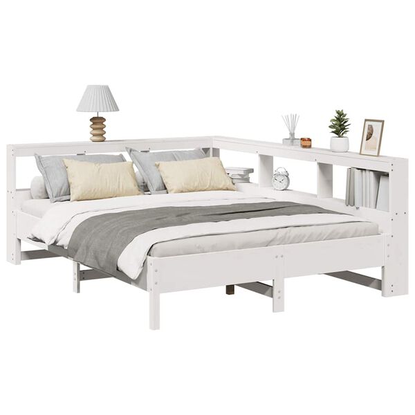 vidaXL Cama con estanter&iacute;a sin colch&oacute;n madera maciza blanca 140x190 cm