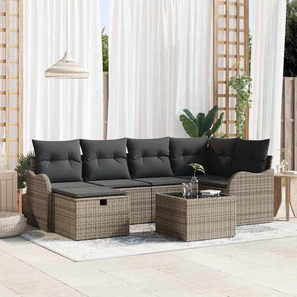 vidaXL Conjunto de sof&aacute; de jard&iacute;n con coj&iacute;n 7 pcs Gris Polirat&aacute;n