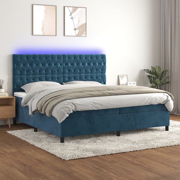 vidaXL Cama box spring colch&oacute;n y LED terciopelo azul oscuro 200x200 cm