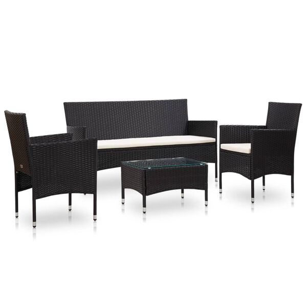 vidaXL Set de muebles de jard&iacute;n 4 pzas y cojines rat&aacute;n sint&eacute;tico negro