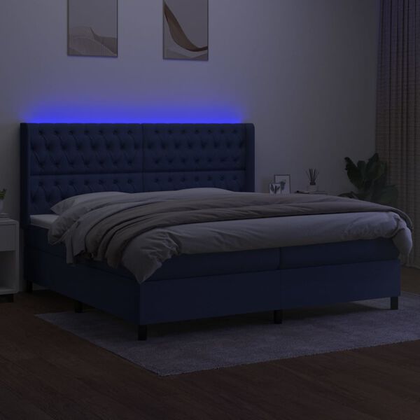 vidaXL Cama box spring colch&oacute;n y luces LED tela azul 200x200 cm
