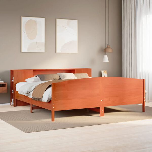 vidaXL Cama con estanter&iacute;a sin colch&oacute;n madera maciza marr&oacute;n 200x200 cm