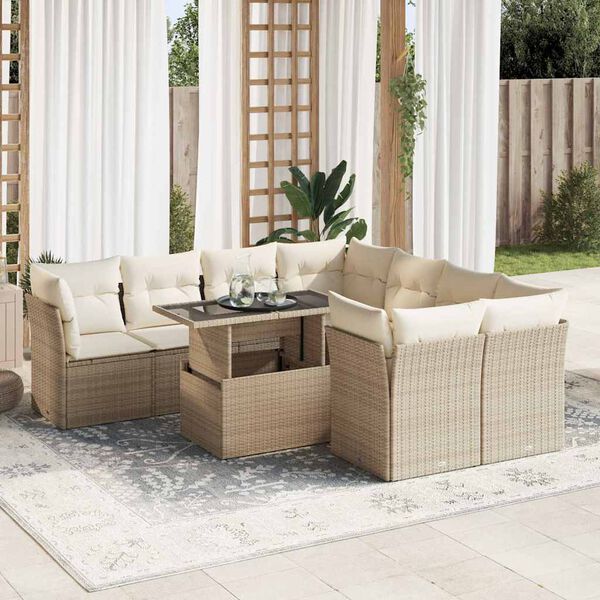 vidaXL Set de sof&aacute;s de jard&iacute;n con cojines 9 pzas rat&aacute;n sint&eacute;tico beige