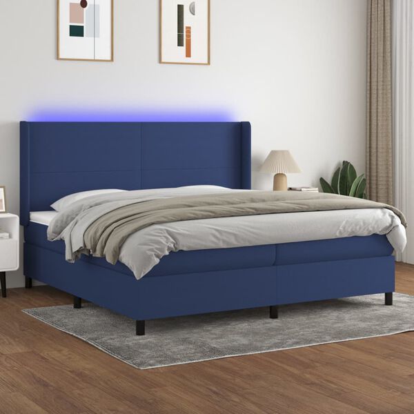 vidaXL Cama box spring colch&oacute;n y luces LED tela azul 200x200 cm