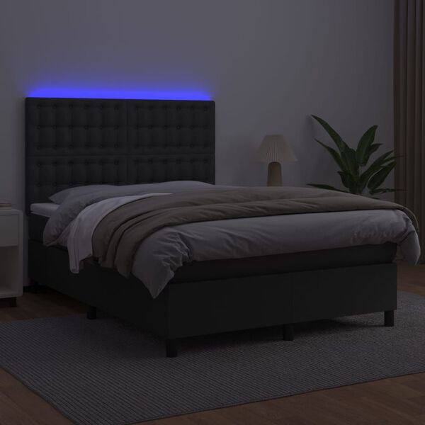 vidaXL Cama box spring colch&oacute;n y LED cuero sint&eacute;tico negro 140x190 cm