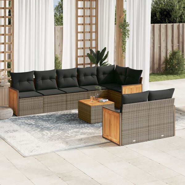 vidaXL Set de muebles de jard&iacute;n 9 pzas y cojines rat&aacute;n sint&eacute;tico gris