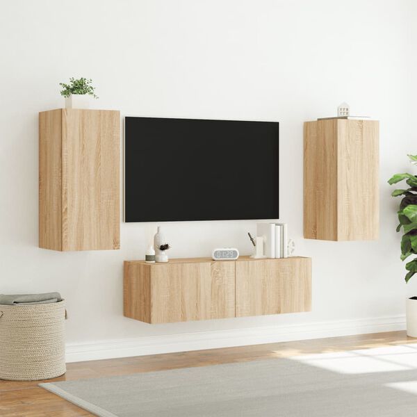 vidaXL Muebles de TV de pared con luces LED 3 piezas roble Sonoma