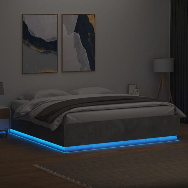 vidaXL Estructura cama con luces LED madera gris hormig&oacute;n 200x200 cm