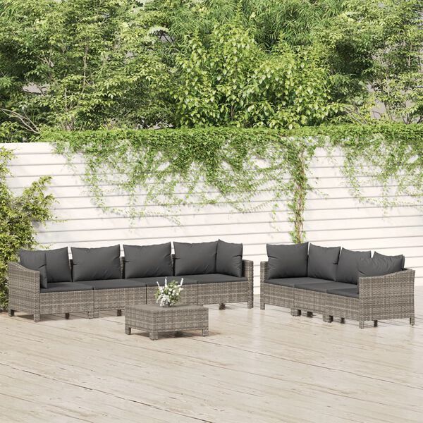 vidaXL Set de muebles de jard&iacute;n 8 pzas y cojines rat&aacute;n sint&eacute;tico gris