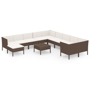 vidaXL Set muebles de jard&iacute;n 12 pzas y cojines rat&aacute;n sint&eacute;tico marr&oacute;n