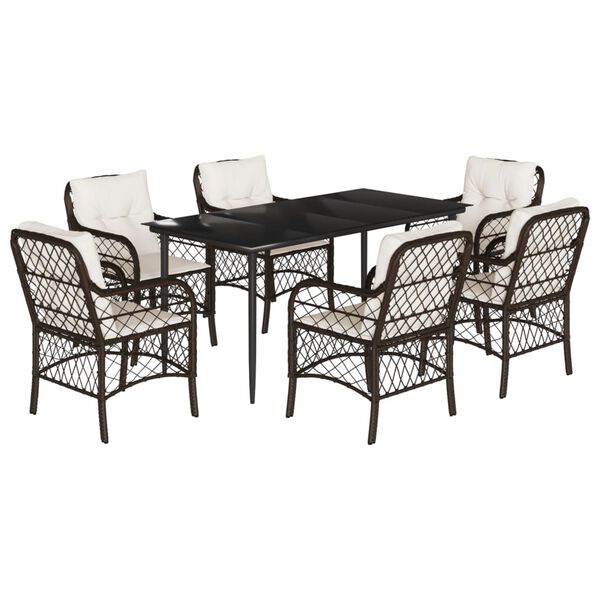 vidaXL Set comedor de jard&iacute;n 7 pzas con cojines rat&aacute;n sint&eacute;tico marr&oacute;n