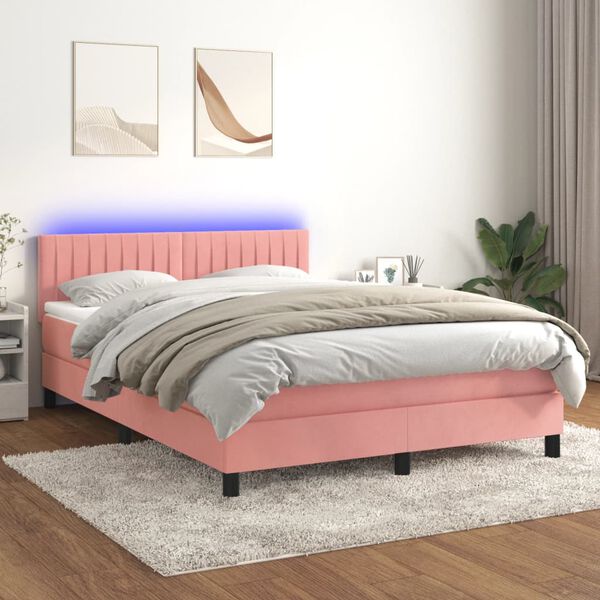 vidaXL Cama box spring colch&oacute;n y LED terciopelo rosa 140x190 cm