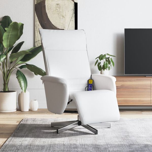 vidaXL Sillón reclinable masaje con reposapiés cuero sintético blanco