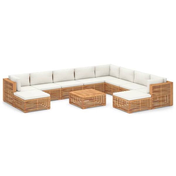 vidaXL Muebles de jard&iacute;n 11 pzas con cojines crema madera maciza teca