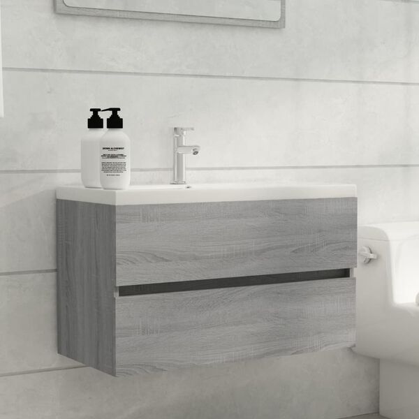 vidaXL Mueble de ba&ntilde;o con lavabo madera contrachapada gris Sonoma