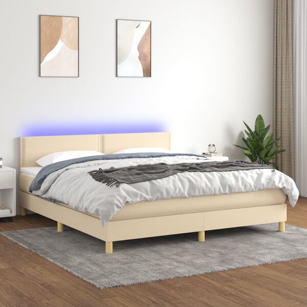 vidaXL Cama box spring con colch&oacute;n y LED tela crema 160x200 cm