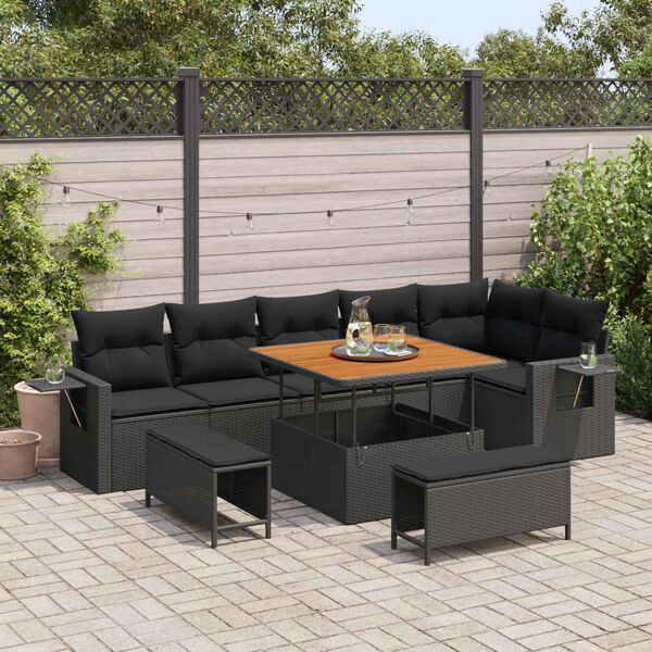 vidaXL Conjunto de sof&aacute; de jard&iacute;n 9 pcs Negro rat&aacute;n sint&eacute;tico