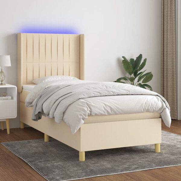 vidaXL Cama box spring colch&oacute;n y luces LED tela crema 100x200 cm