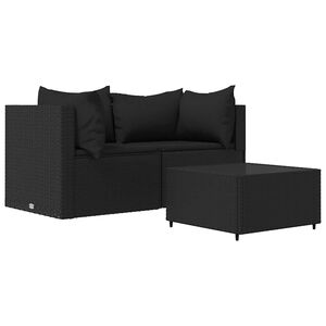 vidaXL Set de muebles de jard&iacute;n 3 pzas y cojines rat&aacute;n sint&eacute;tico negro