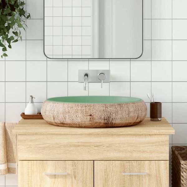 vidaXL Lavabo sobre encimera ovalado cer&aacute;mica verde marr&oacute;n 59x40x15 cm