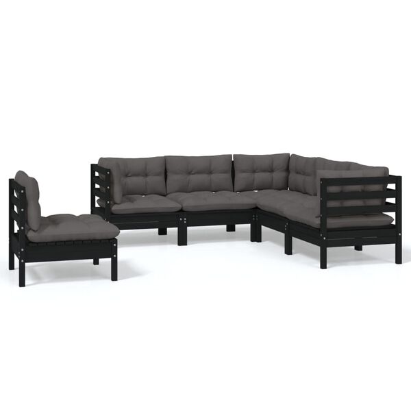 vidaXL Muebles de jardín 5 pzas con cojines negro madera de pino
