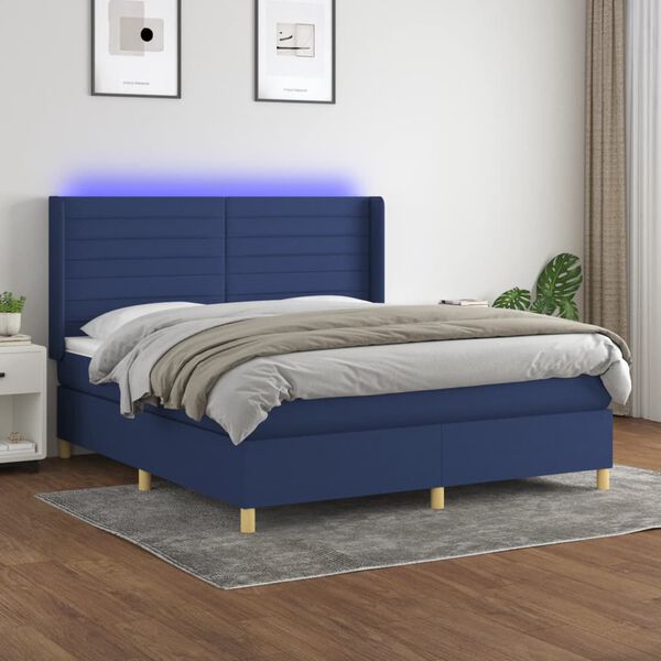 vidaXL Cama box spring colch&oacute;n y luces LED tela azul 160x200 cm