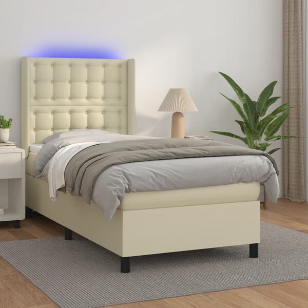 vidaXL Cama box spring colch&oacute;n y LED cuero sint&eacute;tico crema 100x200 cm