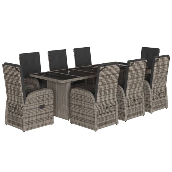 vidaXL Set comedor jard&iacute;n 9 pzas y cojines rat&aacute;n sint&eacute;tico gris