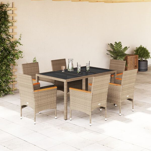 vidaXL Set comedor jard&iacute;n 7 pzas cojines rat&aacute;n sint&eacute;tico vidrio beige