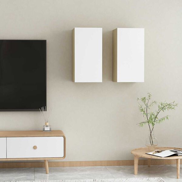 vidaXL Mueble de TV 2 uds contrachapada blanco y roble 30,5x30x60 cm