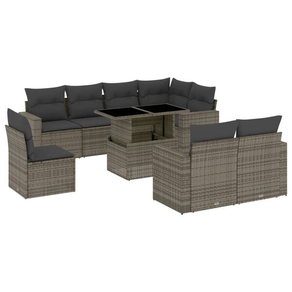 vidaXL Set de muebles de jard&iacute;n 9 pzas y cojines rat&aacute;n sint&eacute;tico gris