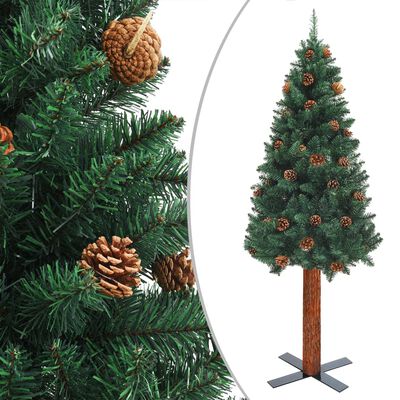 vidaXL Árbol de Navidad delgado madera auténtica y piñas verde 180 cm