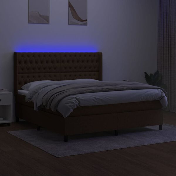 vidaXL Cama box spring colch&oacute;n luces LED tela marr&oacute;n oscuro 180x200cm