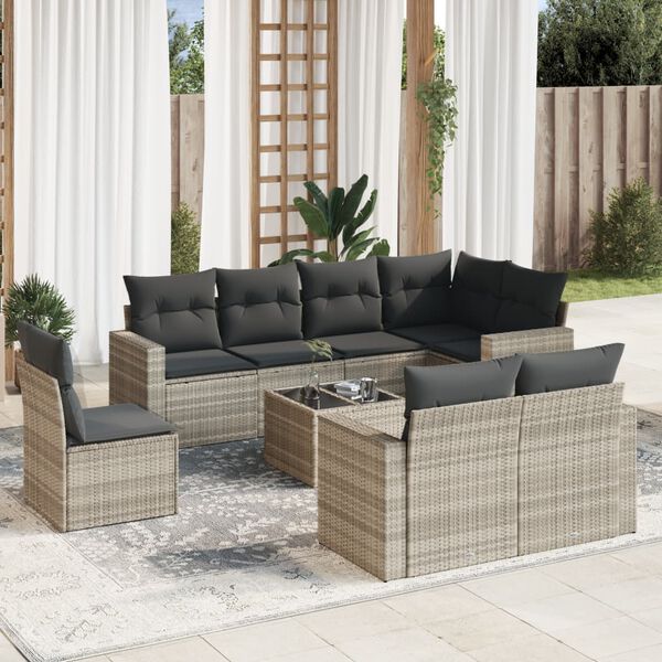 vidaXL Set muebles jard&iacute;n 9 pzas y cojines rat&aacute;n sint&eacute;tico gris claro