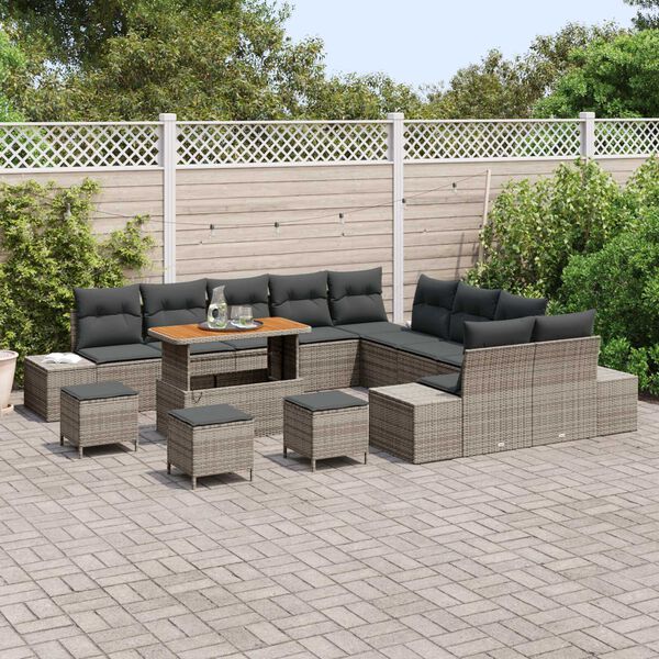 vidaXL Conjunto de sof&aacute;s de jard&iacute;n con coj&iacute;n 14 pcs Gris Polirat&aacute;n