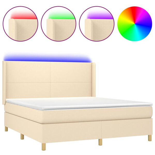 vidaXL Cama box spring colch&oacute;n y luces LED tela crema 180x200 cm