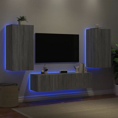 vidaXL Muebles TV pared con LED 4 pzas madera ingeniería gris Sonoma
