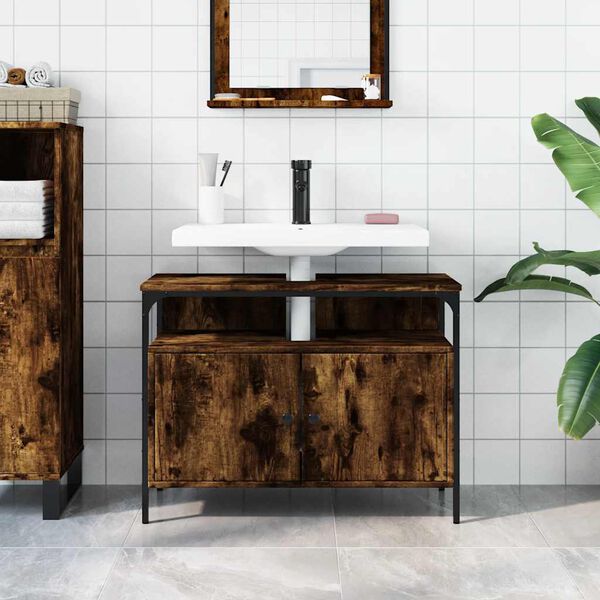 vidaXL Armario lavabo ba&ntilde;o madera ingenier&iacute;a roble ahumado 80x30x60 cm
