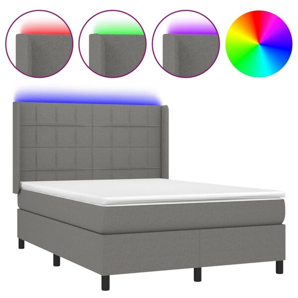 vidaXL Cama box spring colch&oacute;n y luces LED tela gris oscuro 140x200 cm