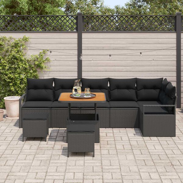 vidaXL Conjunto de sof&aacute; de jard&iacute;n con coj&iacute;n 9 pcs Negro Polirat&aacute;n